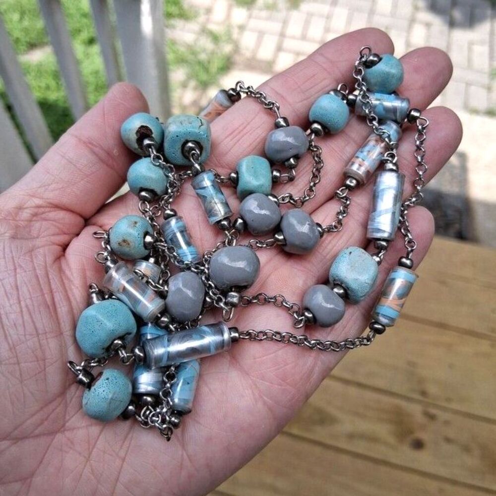 466 Long Sweater Necklace 25" Red Clay Glazed Beads Silver Metal Chain